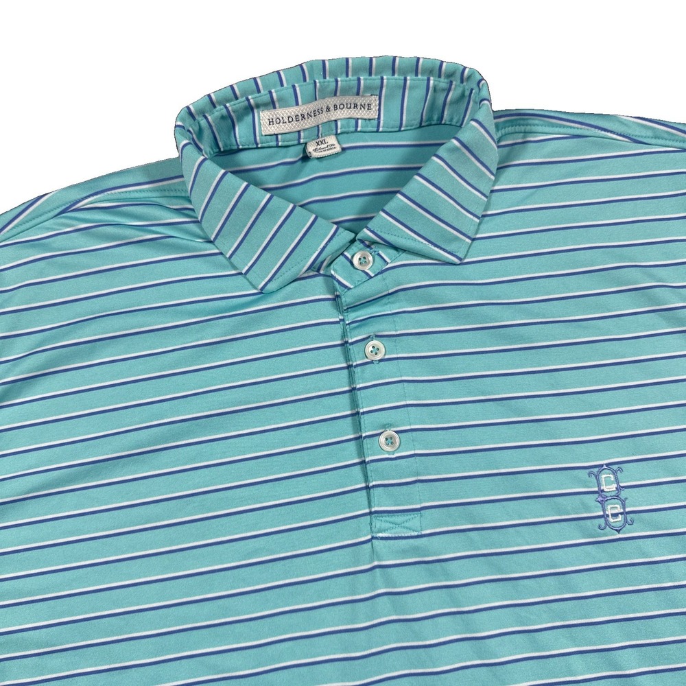 Holderness & Bourne Performance Golf Polo Mens 2XL Cyan Striped Tailored Fit